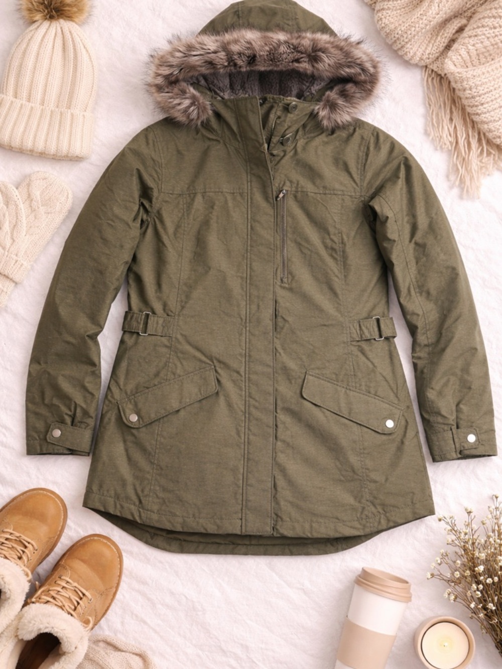 Columbia Thermal Coil Jacket Olive Green Hooded Utility Coat Lightweight